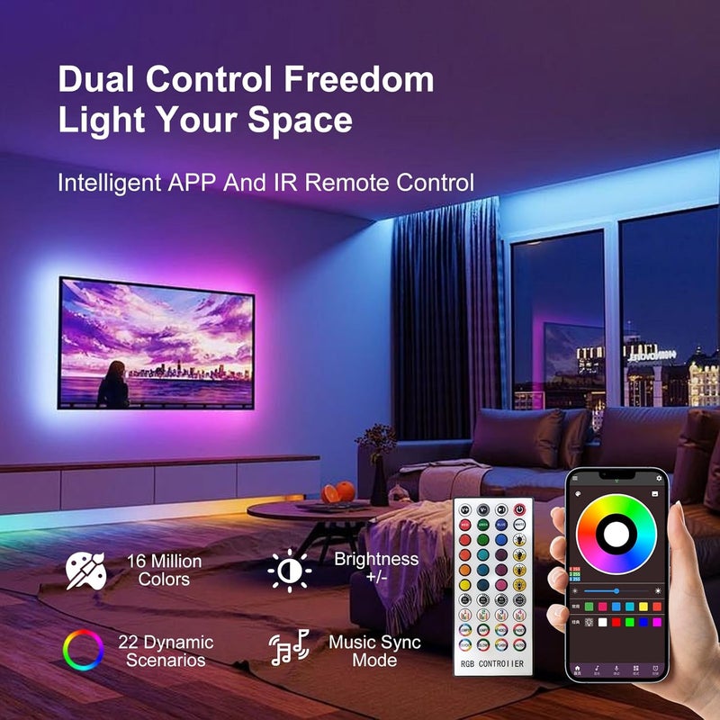 FBY 100 FT Led Lights for Bedroom, Music Synchronized RGB Bluetooth LED Lights, Smart Application and Remote Control Color Change LED Light Strips, Used for Home Room Lighting Decoration - Image 5